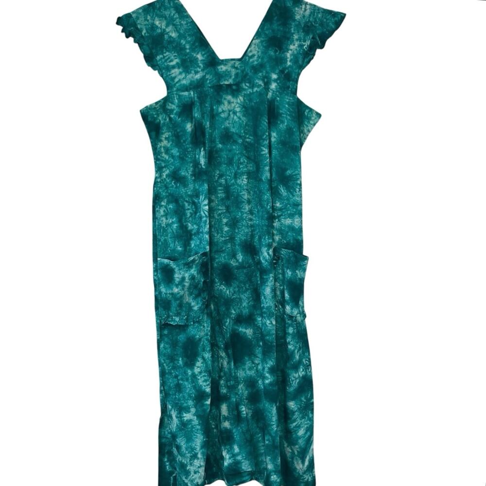 Boho Tie Dye Maxi Dress Green Sleeveless Flowy Pocket Dress Handmade Style Small